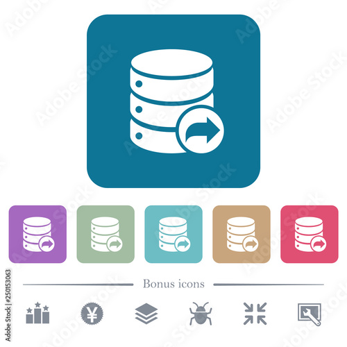 Database transaction commit flat icons on color rounded square backgrounds