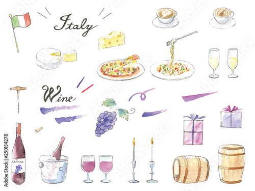 手描き水彩イラストセット　イタリアン　ワイン