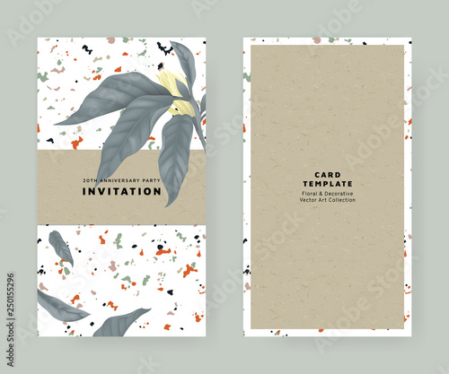 Foliage invitation card template design, white Champaka on marble texture