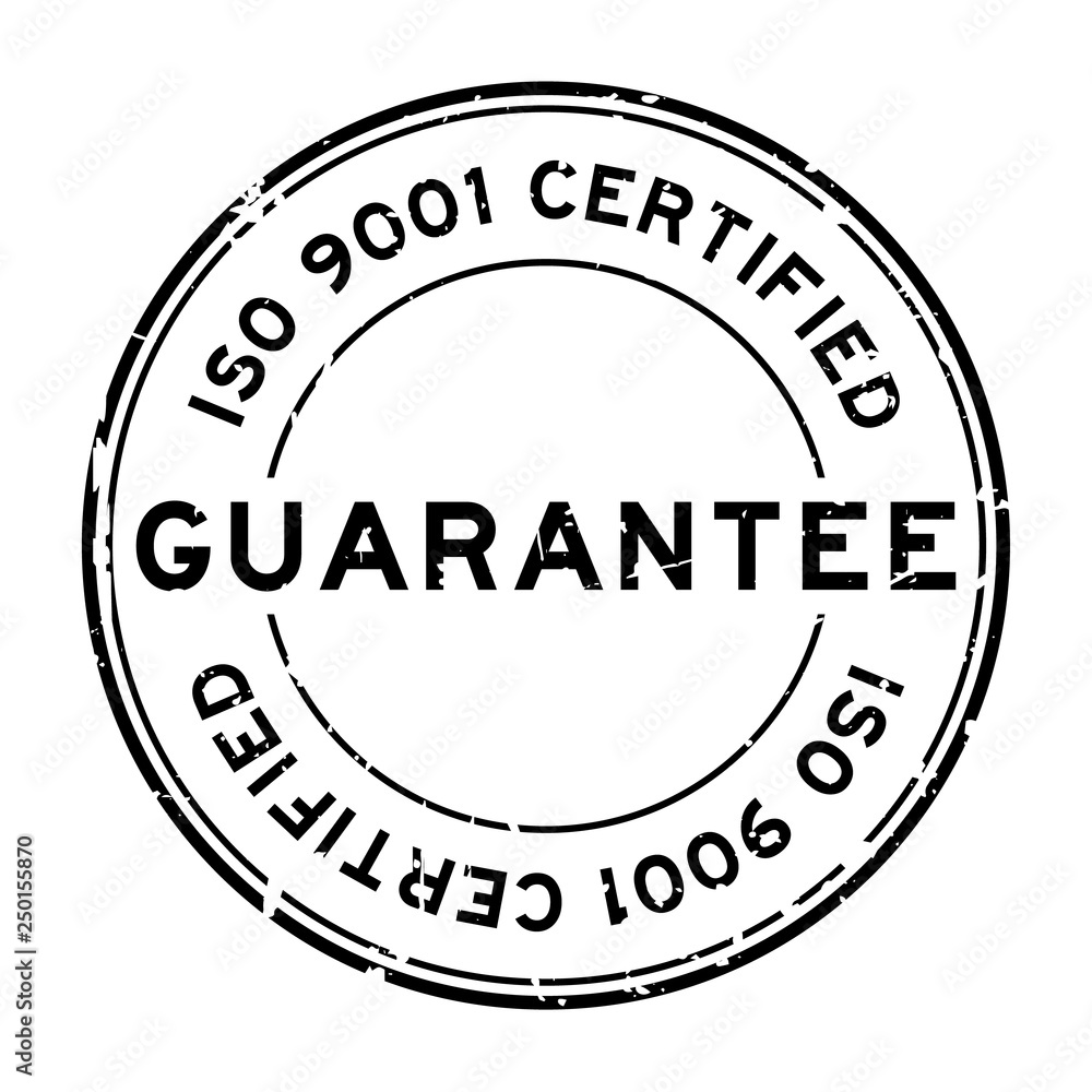 Grunge black iso 9001 certified guarantee word round rubber seal stamp on white background