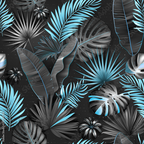 Seamless tropical pattern. Leaves palm tree illustration. Blue, gray, black lives