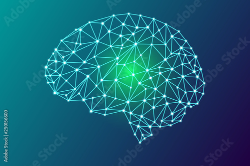 3d digital human brain, go green concept, glowing particles plexus structure, abstract technology and science stock vector illustration blue background