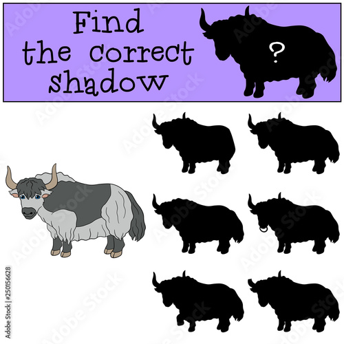 Educational game: Find the correct shadow. Cute beautiful yak.