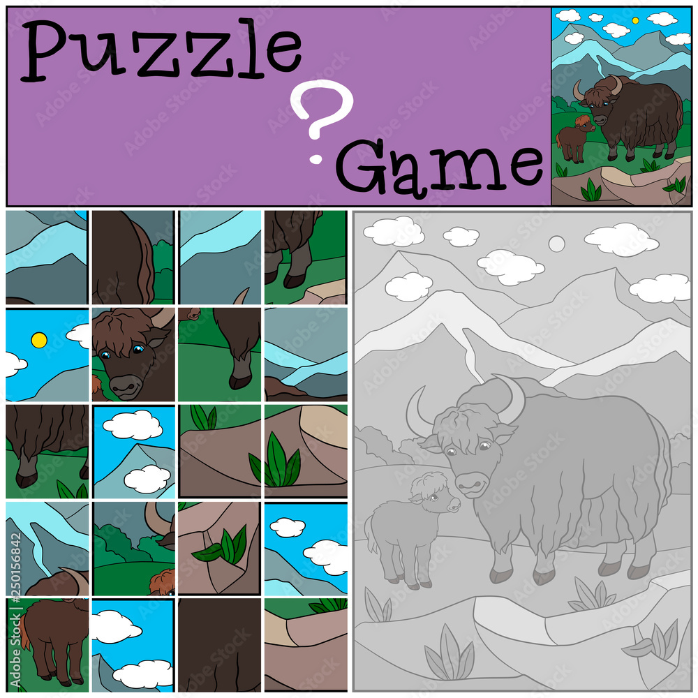 Fototapeta premium Education game: Puzzle. Beautiful yak with little cute baby.