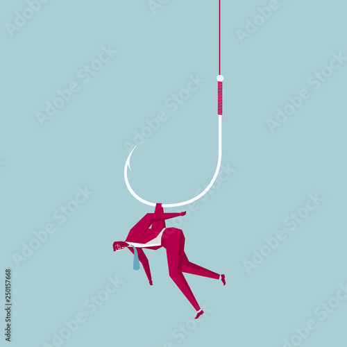 Businessman trapped on a fishing hook. Isolated on blue background.
