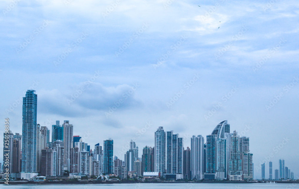 View of buildings in Panama over the ocean