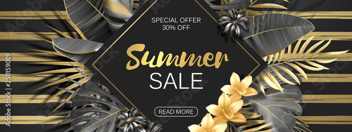 Sale. Rhombus summer sale tropical leaves frame on striped backdrop. Tropical flowers, leaves and plants background. Gold and black