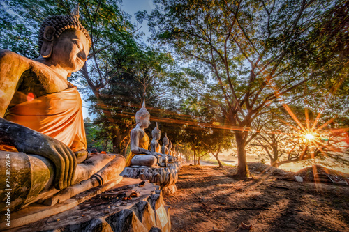 Buddha statues in a row line up along river bank during sunrising