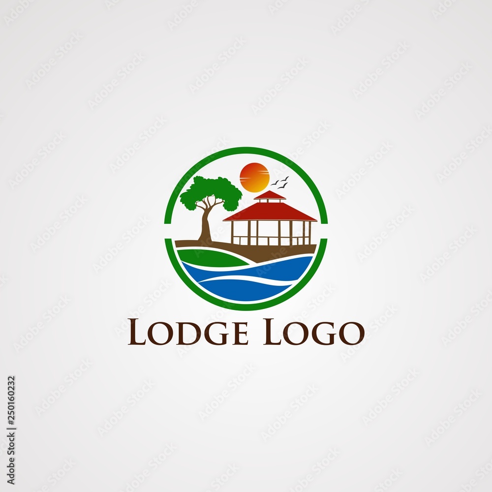 lodge logo vector with circle wave beautiful sun flying bird, template, element, and icon