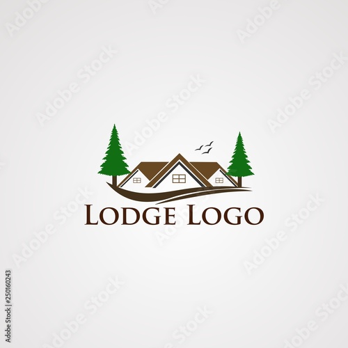 lodge logo vector with modern real estate and two tree of pine, element,am icon for company