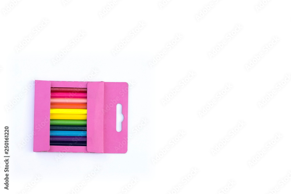 Color pencil in pink box on white background Color pencil in pink box on white background