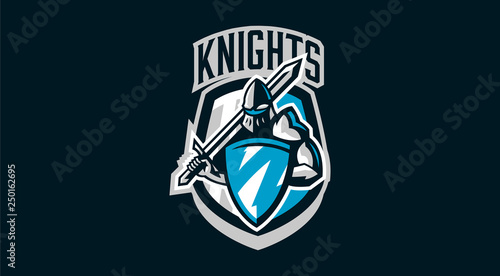Colorful logo, knight s emblem in iron armor. A warrior of the Middle Ages, a knight holds a shield and a sword, swordsman, warrior, defender, lettering. Vector illustration
