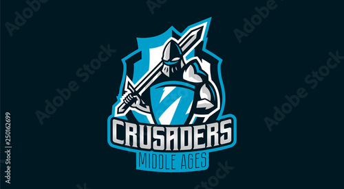 Colorful logo, knight s emblem in iron armor. A warrior of the Middle Ages, a knight holds a shield and a sword, swordsman, warrior, defender, lettering. Vector illustration