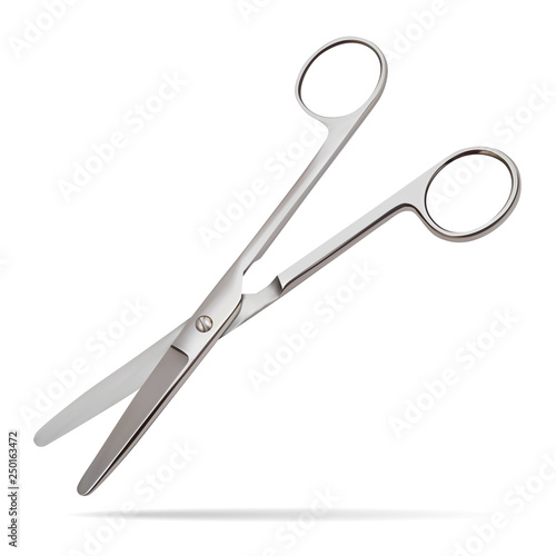 Scissors hinge straight with blunt ends, intended to cut the layers having a small thickness and a high regenerative capacity parietal pleura, peritoneum, muscles. Realistic Vector Illustration