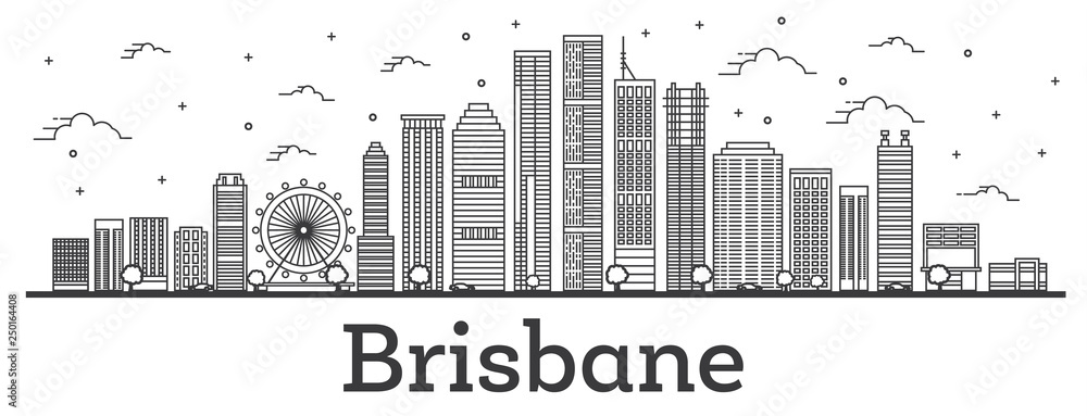 Outline Brisbane Australia City Skyline with Modern Buildings Isolated on White.