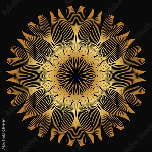 Vector Round Abstract Mandala Style Decorative Element. Hand-Drawn Vector Illustration. Can Be Used For Textile, Greeting Card, Coloring Book, Phone Case Print. Luxury black gold color