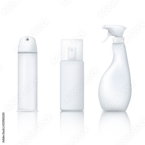 Realistic spray bottle mock up. Package for aerosol. White plastic tube. Isolated 3D vector.