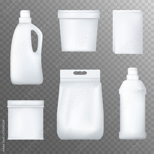 Realistic white plactic bottles. Household chemicals, detergent package, box mock up. Vector.
