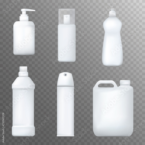 Realistic white plactic bottles. Dispenser, liquid detergent, spray package mock up. Vector.
