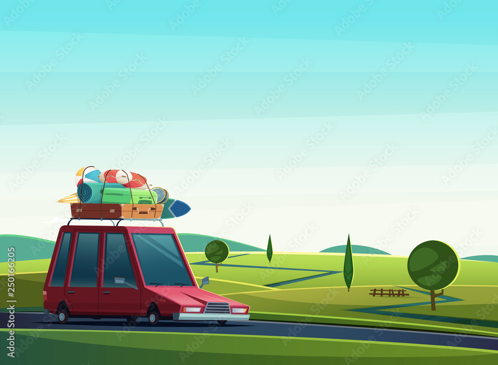Car travel landscape. Summer trip background. Vector cartoon illustration.  Stock Vector | Adobe Stock