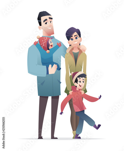 Happy family together. Father, mother, son and daughter. Winter fashion Cartoon flat modern design.