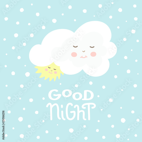 Cute cloud and sun with good night white handmade phrase on blue background