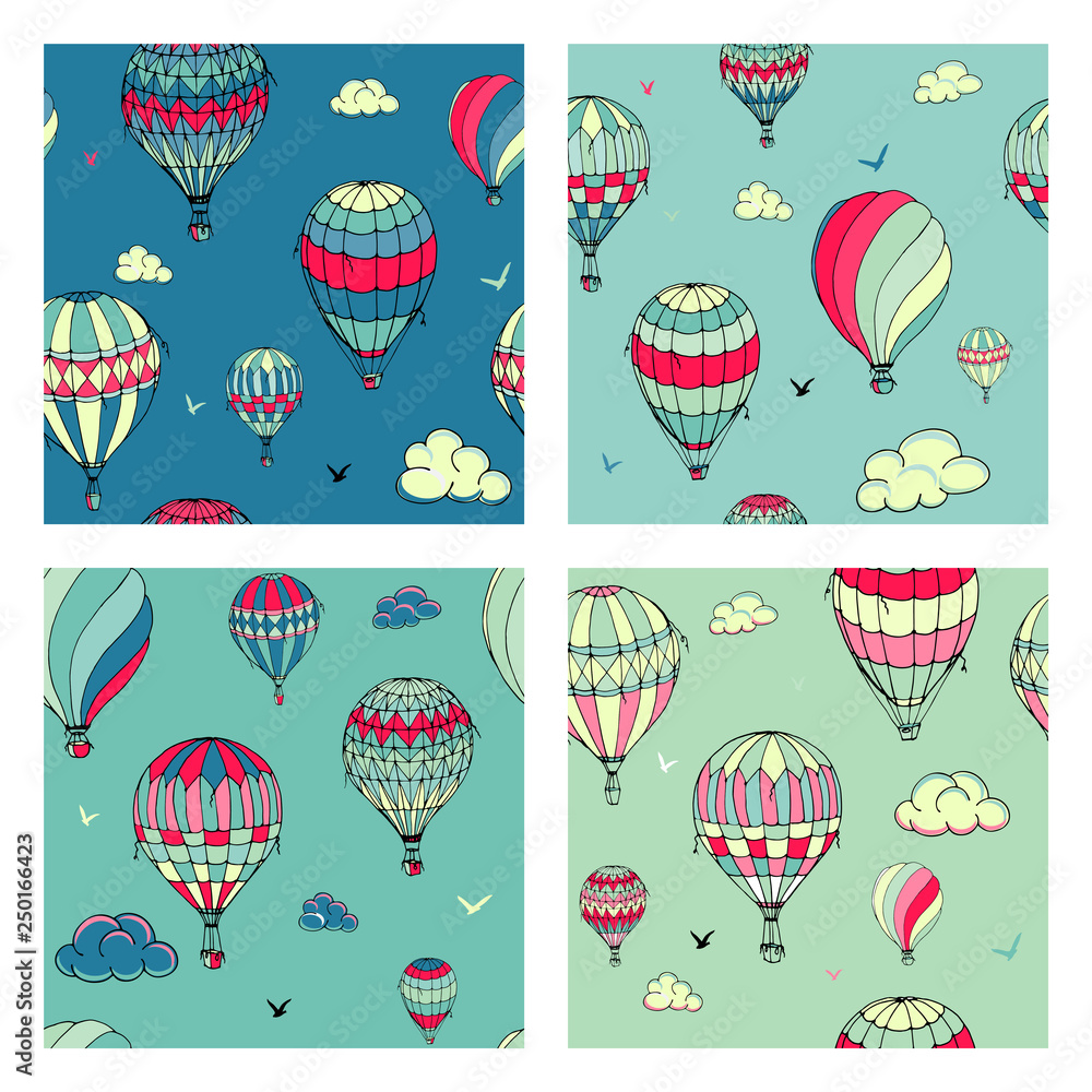 Set of vector seamless pattern with balloons in pastel colors. Many differently colored striped air balloons flying in the clouded sky. Clouds and birds soaring in the sky. Travel and vacation. 