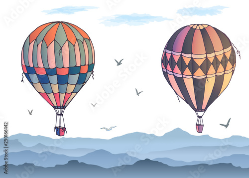 Vector isolated balloons on white background. Many differently colored striped air balloons flying in the clouded sky. Patterns of clouds and birds flying in the sky. Travel and vacation. 