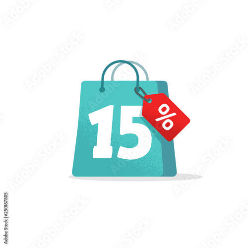 Sale tag vector badge template, 15 off sale label symbol, 15 discount promotion flat icon, clearance sale sticker emblem, bargain blue sign shopping bag grain retro design isolated clipart