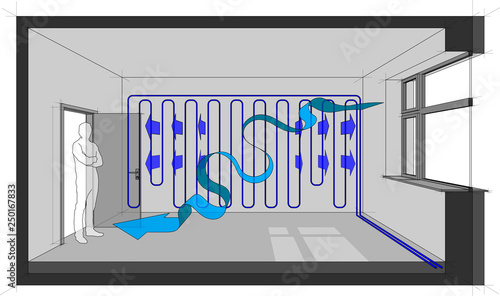 Diagram of a room cooled with wall cooling and natural air ventilation arrow