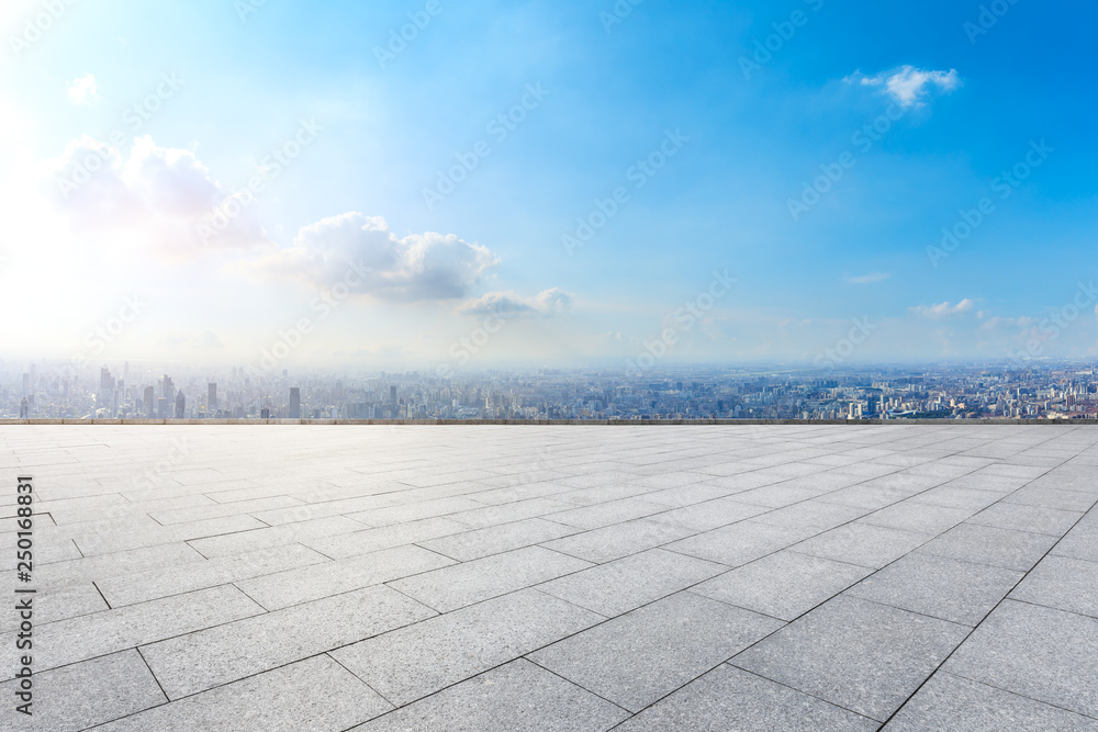 Empty floor and city skyline with buildings in Shanghai,China