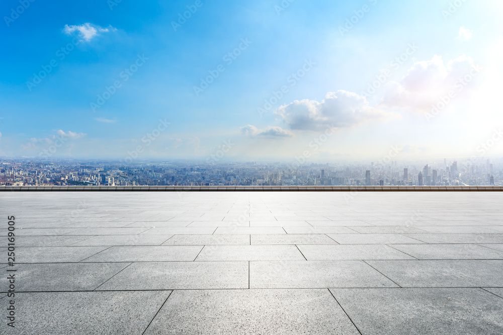 Empty floor and city skyline with buildings in Shanghai,China