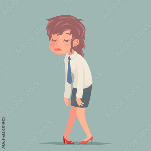Tired disheveled businesswoman sad weary woman character retro cartoon design vector illustration