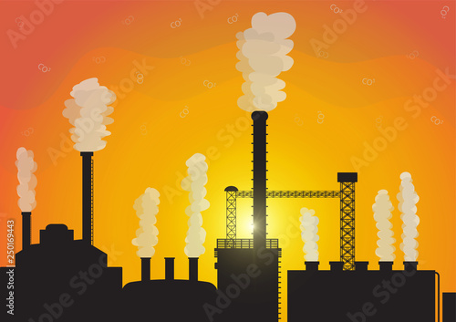 Toxic smoke air pollution from silhouette factory on sunrise background,environmental global warming concept vector illustration