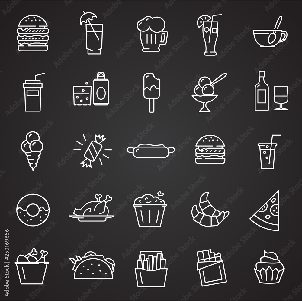 Fastfood outline icons set on black background for graphic and web design, Modern simple vector sign. Internet concept. Trendy symbol for website design web button or mobile app Fastfood outline icons set on black background for graphic and web design, Modern simple vector sign. Internet concept. Trendy symbol for website design web button or mobile app