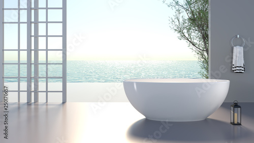 Shower room summer relaxing sea view at luxury house swimming pool beach and panoramic sea view 3d rendering sun loungers on Sunbathing interior Illustration