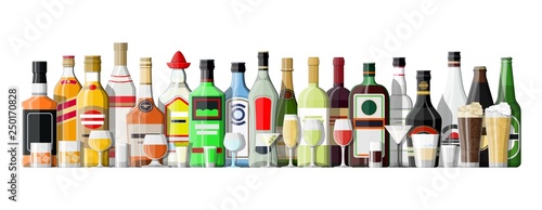 Alcohol drinks collection. Bottles with glasses. Vodka champagne wine whiskey beer brandy tequila cognac liquor vermouth gin rum absinthe sambuca cider bourbon. Vector illustration in flat style.