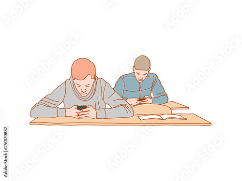  Boys surfing internet Smartphone addiction concept vector