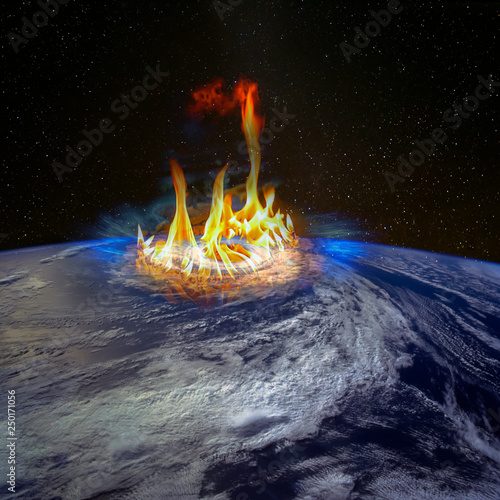 Fototapeta Naklejka Na Ścianę i Meble -  Huge gas stove burner between hurricane in a planet Earth, satellite view, armageddon conceptual image. Elements of this image furnished by NASA.