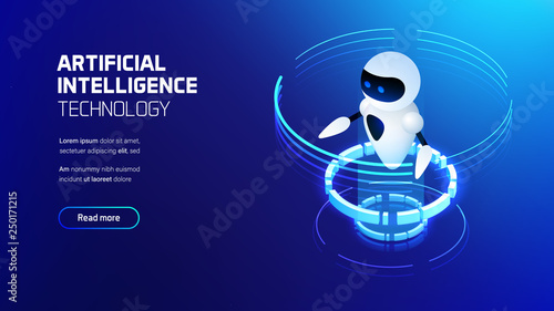 Artificial intelligence robot, machine learning industry conception, futuristic isometric illustration of smart things