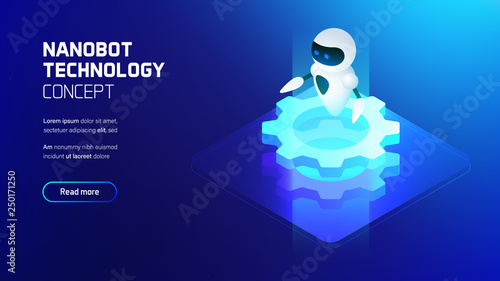 Artificial intelligence robot, nanotechnology industry conception, futuristic isometric illustration