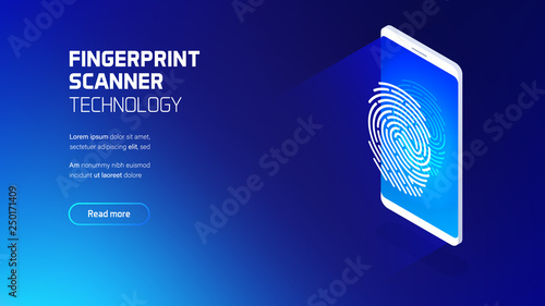 Fingerprint scanner technology, hardware and software development, digital identity system, biometric identification, futuristic isometric vector illustration