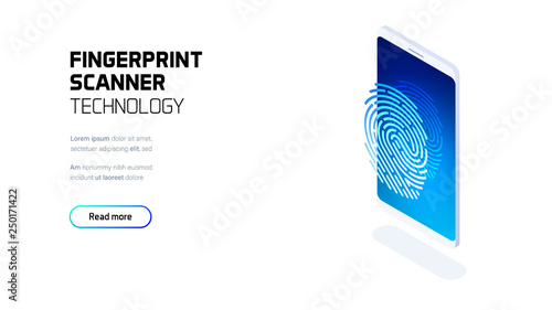 Fingerprint scanner technology, hardware and software development, digital identity system, biometric identification, futuristic isometric vector illustration