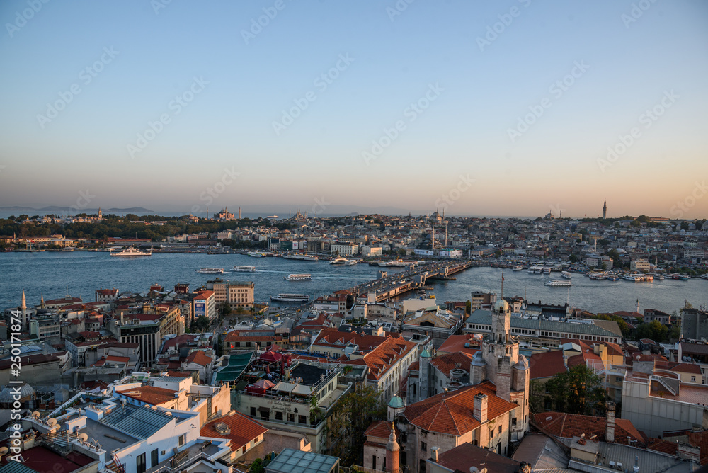 Scenic view the Golden Horn from Galata Tower during sunset