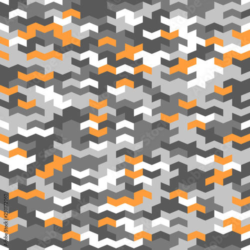 Geometric vector pattern with gray, white and orange arrows. Geometric modern ornament. Seamless abstract background