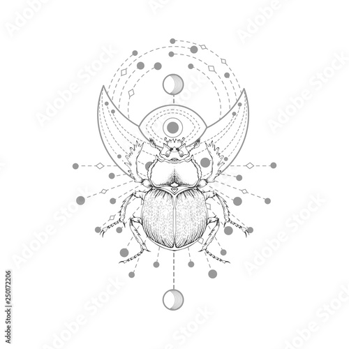 Vector illustration with hand drawn scarab and Sacred symbol on white background. Abstract mystic sign. Black linear shape. For you design, tattoo or magic craft.
