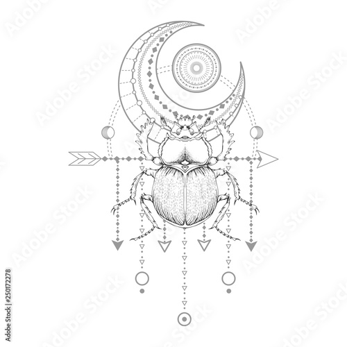 Vector illustration with hand drawn scarab and Sacred symbol on white background. Abstract mystic sign. Black linear shape. For you design, tattoo or magic craft.