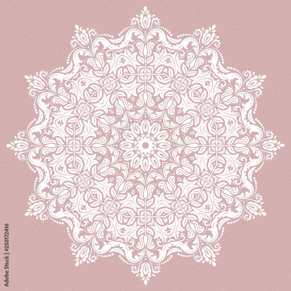 Oriental vector round pattern with white arabesques and floral elements. Traditional classic ornament. Vintage pattern with arabesques