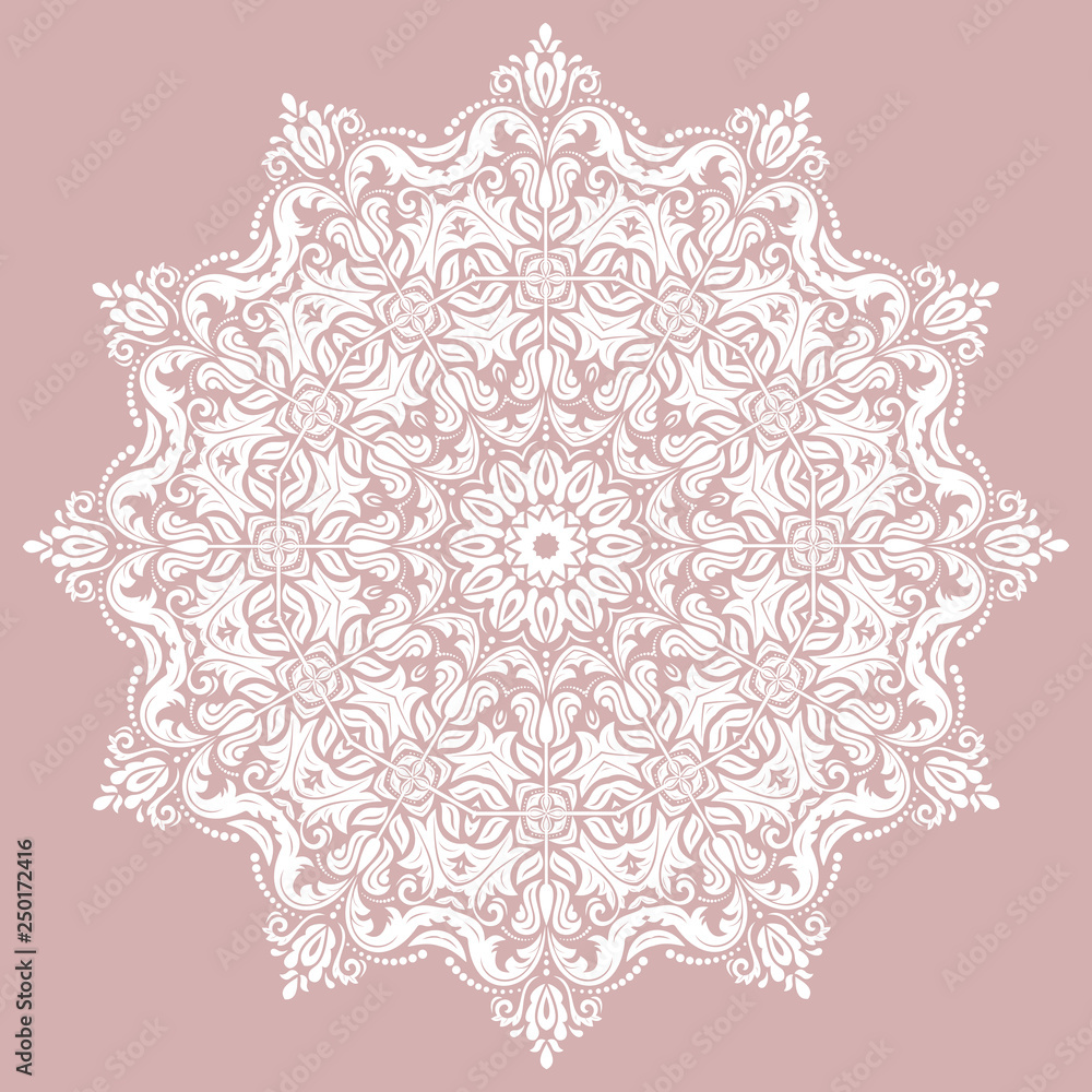 Oriental vector round pattern with white arabesques and floral elements. Traditional classic ornament. Vintage pattern with arabesques Oriental vector round pattern with white arabesques and floral elements. Traditional classic ornament. Vintage pattern with arabesques