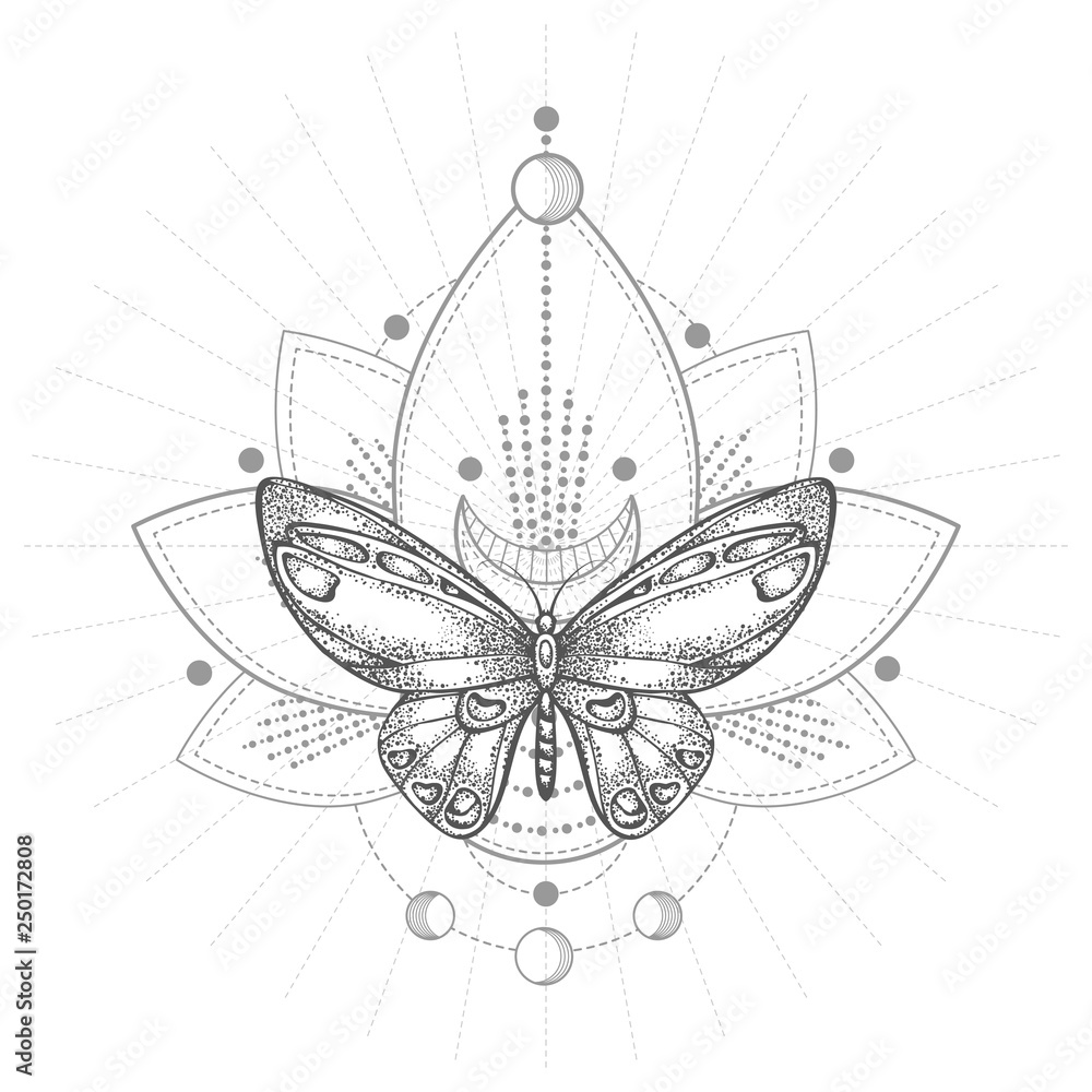 Vector illustration with hand drawn butterfly and Sacred geometric symbol on white background. Abstract mystic sign. Black linear shape. For you design, tattoo or magic craft. Vector illustration with hand drawn butterfly and Sacred geometric symbol on white background. Abstract mystic sign. Black linear shape. For you design, tattoo or magic craft.